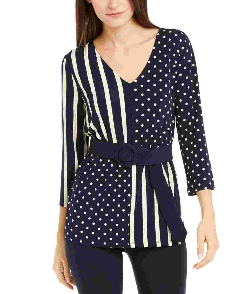 Blusa feminina Alfani estampada com manga 3/4 e decote em V para usar no trabalho, azul, tamanho médio