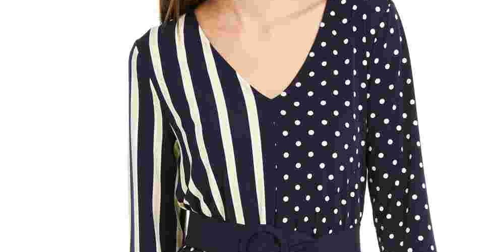 Blusa feminina Alfani estampada com manga 3/4 e decote em V para usar no trabalho, azul, tamanho médio