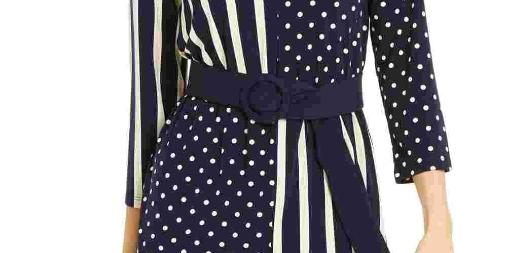 Blusa feminina Alfani estampada com manga 3/4 e decote em V para usar no trabalho, azul, tamanho médio