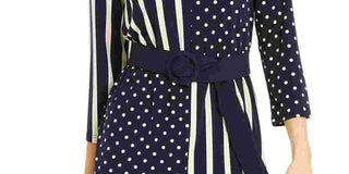 Blusa feminina Alfani estampada com manga 3/4 e decote em V para usar no trabalho, azul, tamanho médio