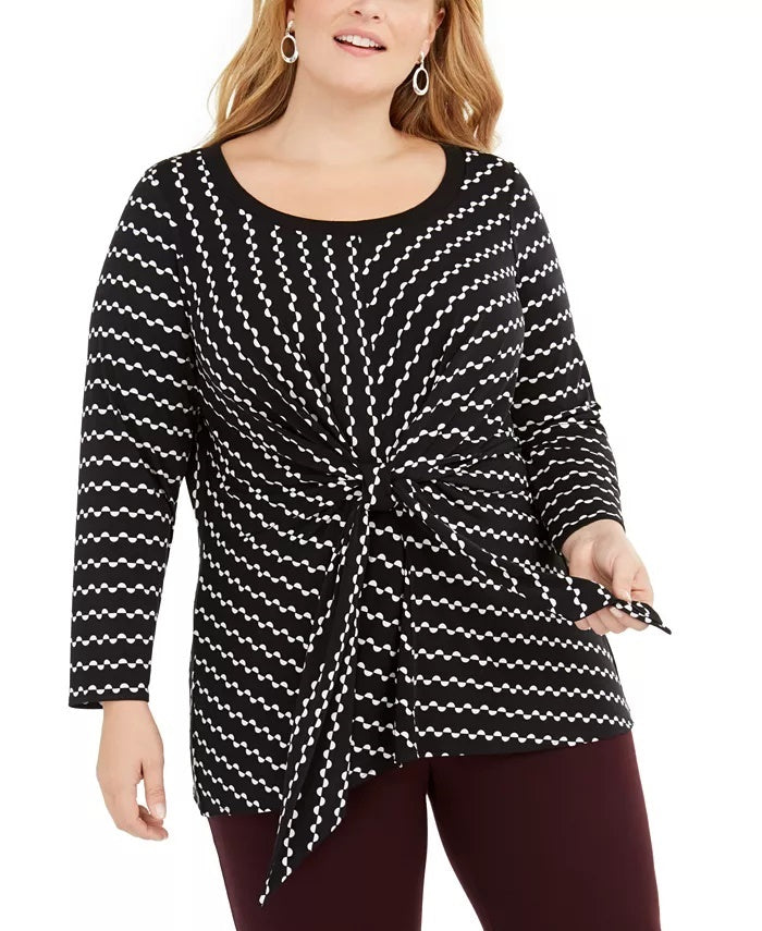 Top feminino Alfani Plus Size estampado com amarração na cintura, preto, tamanho 1X