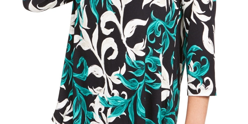 JM Collection Blusa feminina estampada com decote redondo, verde, tamanho pequeno