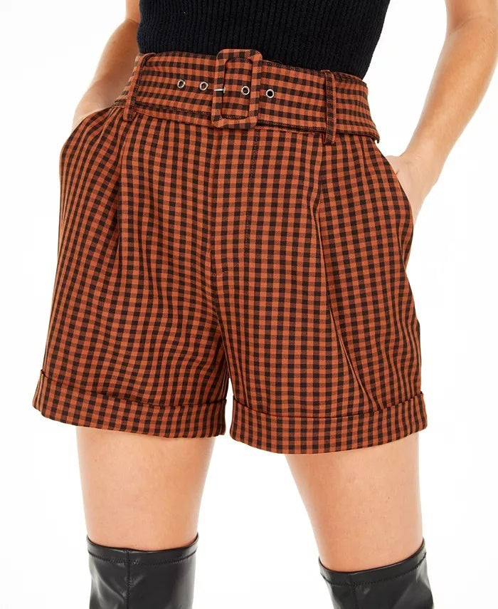 Shorts femininos Bar III Becca Tilley X Powersuit xadrez com cinto laranja tamanho 14