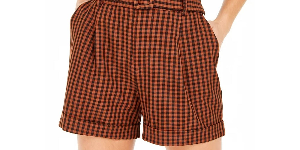 Shorts femininos Bar III Becca Tilley X Powersuit xadrez com cinto laranja tamanho 14