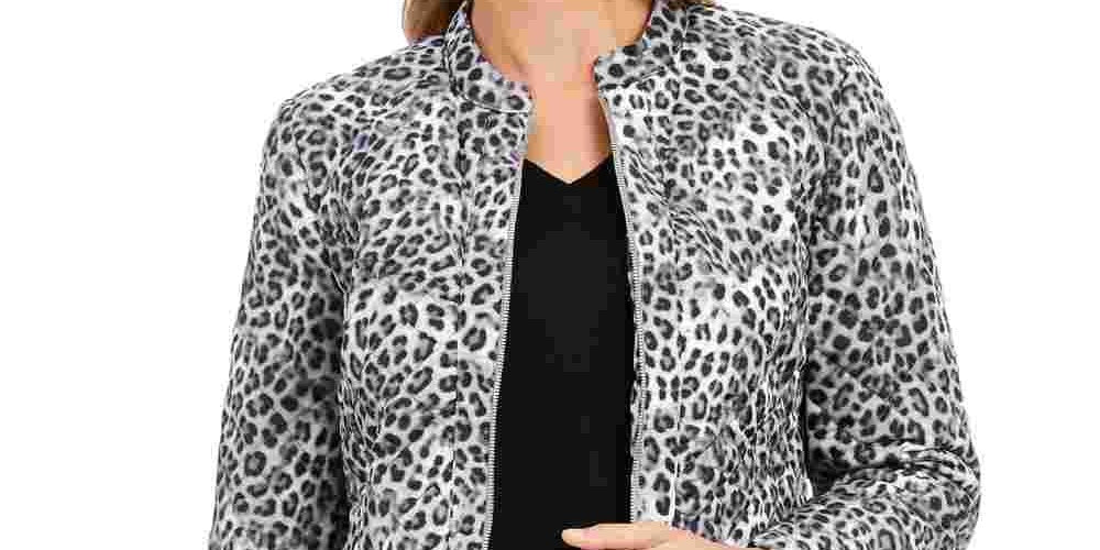 Jaqueta feminina com estampa animal Charter Club, branca, tamanho grande