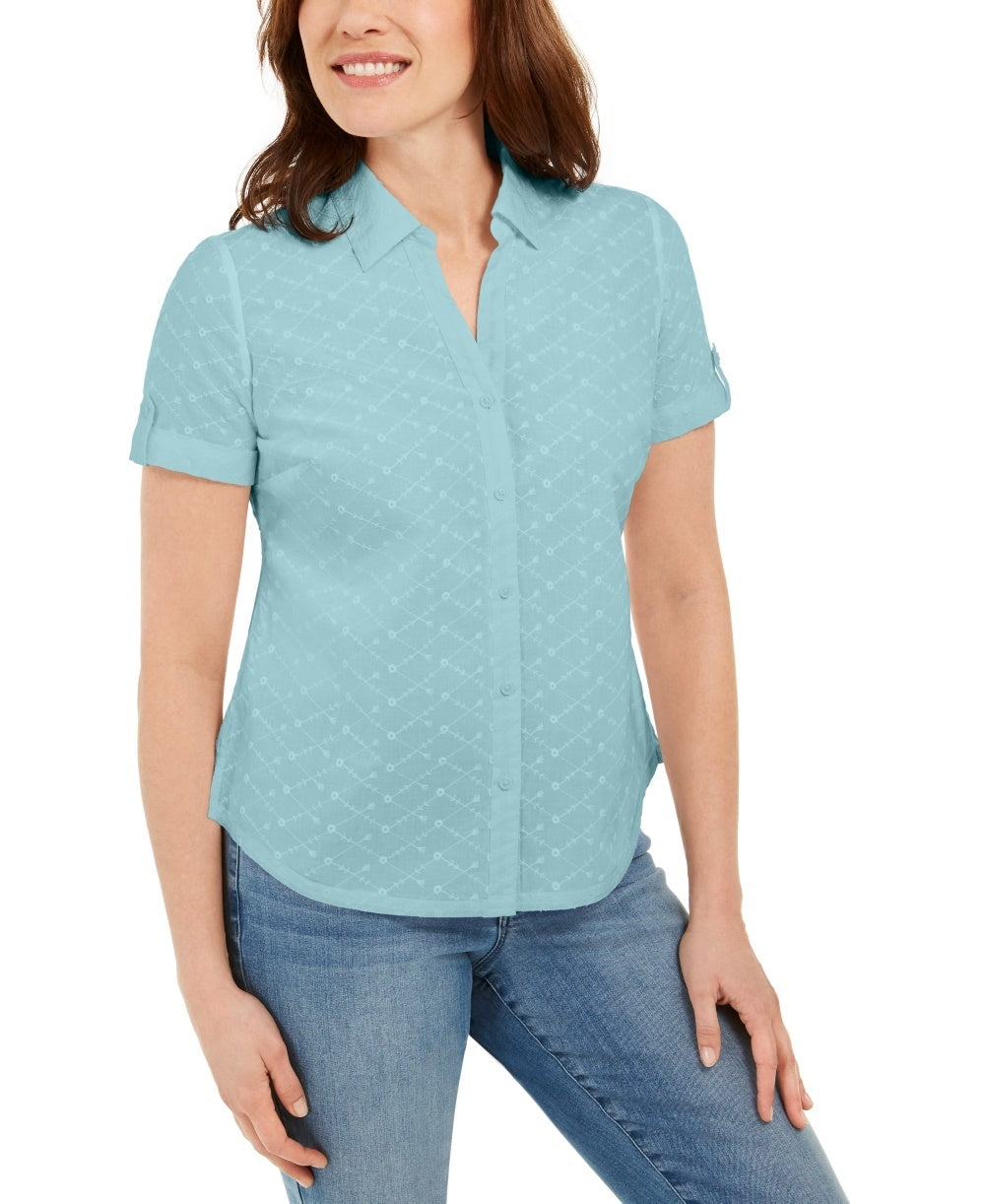 Camisa feminina Karen Scott de algodão bordada, azul, tamanho pequeno