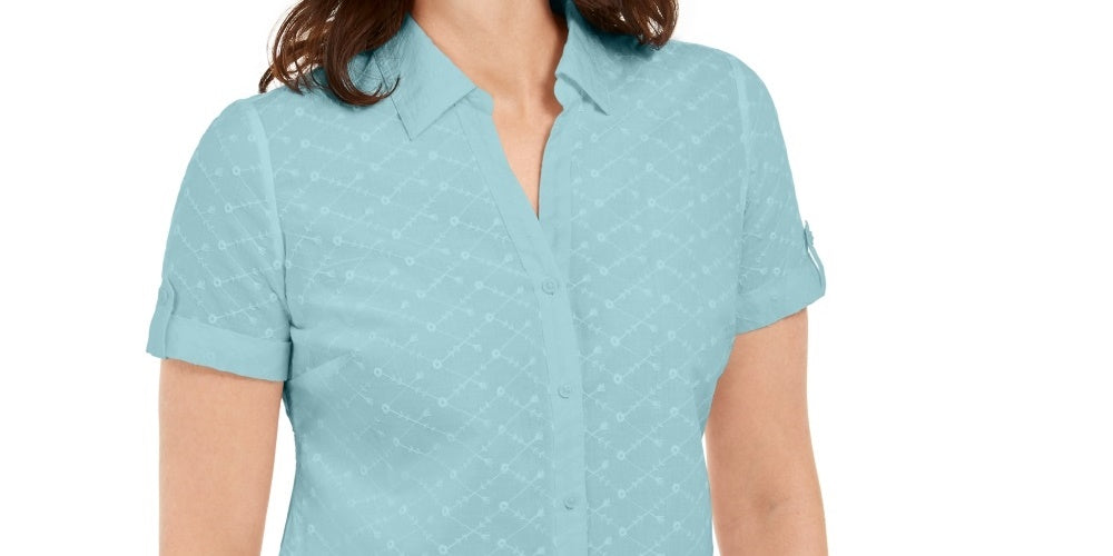 Camisa feminina Karen Scott de algodão bordada, azul, tamanho pequeno