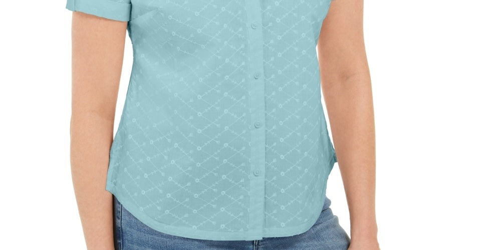 Camisa feminina Karen Scott de algodão bordada, azul, tamanho pequeno