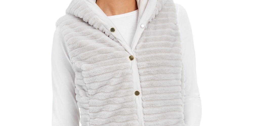 Colete reversível com capuz de pele sintética feminino Charter Club, tamanho X-G, prateado