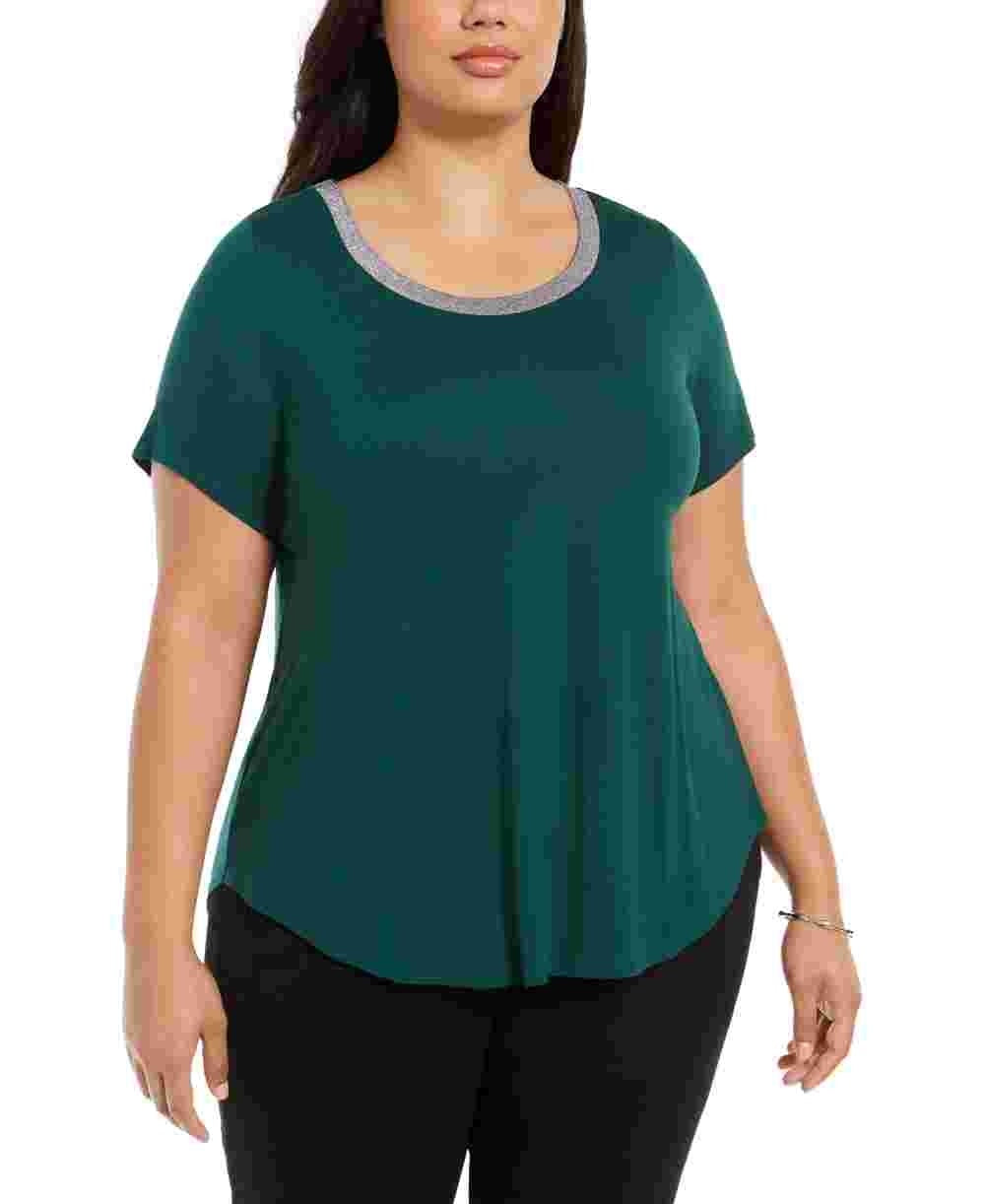 Top feminino Alfani com gola metálica, verde, tamanho 3X