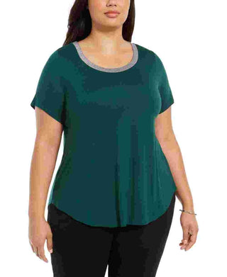 Top feminino Alfani com gola metálica, verde, tamanho 3X