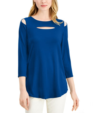 Blusa feminina Alfani com recorte frontal e ombros descobertos, azul, tamanho médio