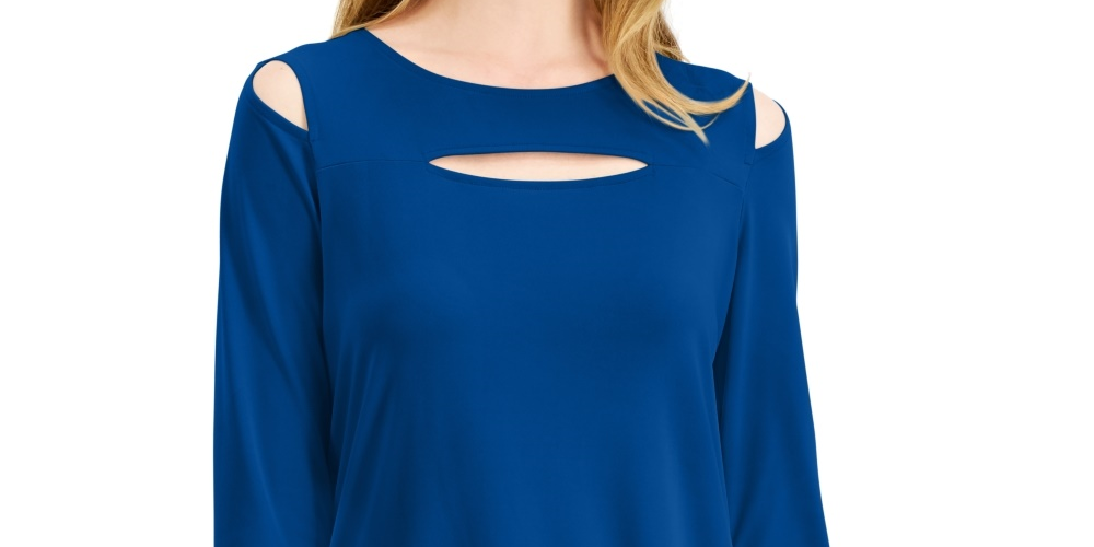 Blusa feminina Alfani com recorte frontal e ombros descobertos, azul, tamanho médio