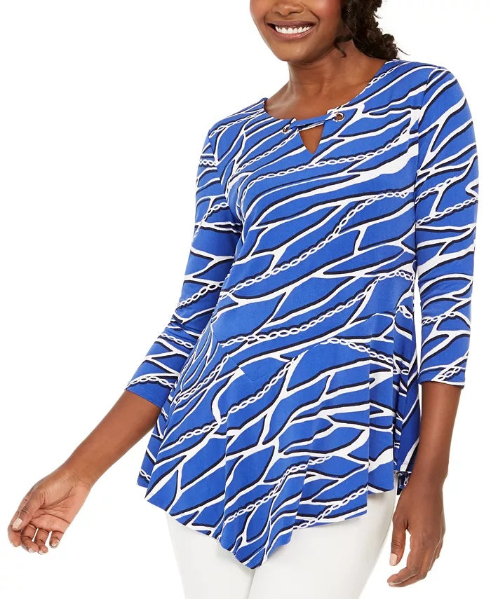 Túnica feminina com ilhós e estampa de corrente JM Collection, tamanho P, azul-marinho