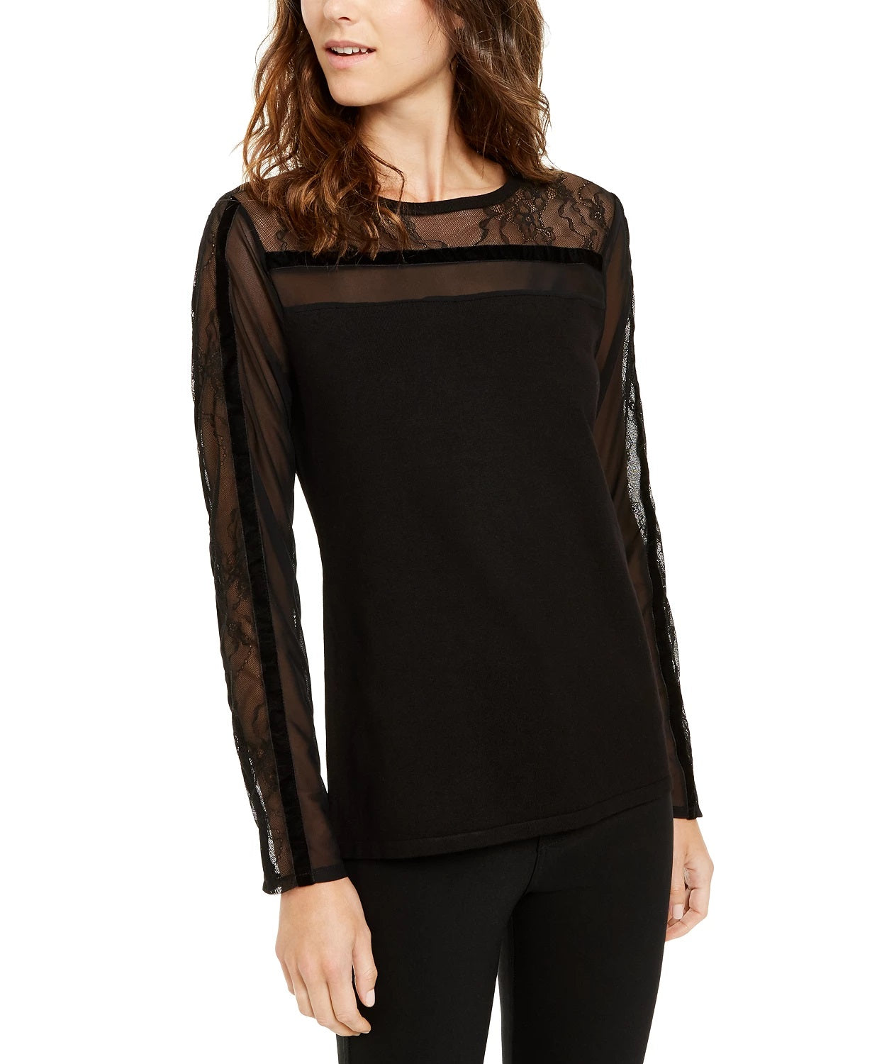 Suéter feminino de renda e veludo da INC International Concepts, preto, tamanho grande
