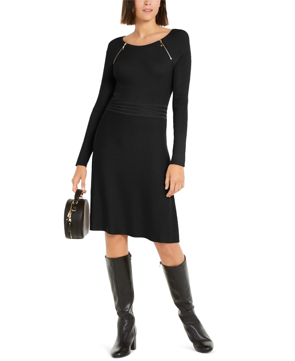 Vestido suéter feminino INC International Concepts com detalhe de zíper e ajuste evasê, preto, tamanho médio