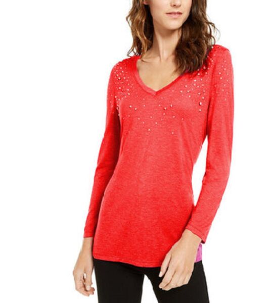 INC International Concepts Top feminino com decote em V e brilho enfeitado, vermelho, tamanho X-S