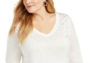 Blusa feminina com manga 3/4 e detalhes metálicos INC International Concepts, branca, tamanho 1X