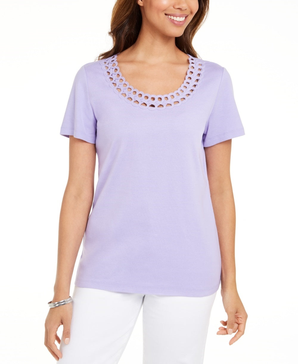 Camiseta feminina Karen Scott de algodão com gola recortada, roxa, tamanho pequeno