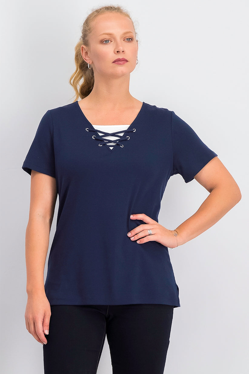 Karen Scott Top Feminino com Cadarço e Camadas Azul Marinho Tamanho Extra Pequeno