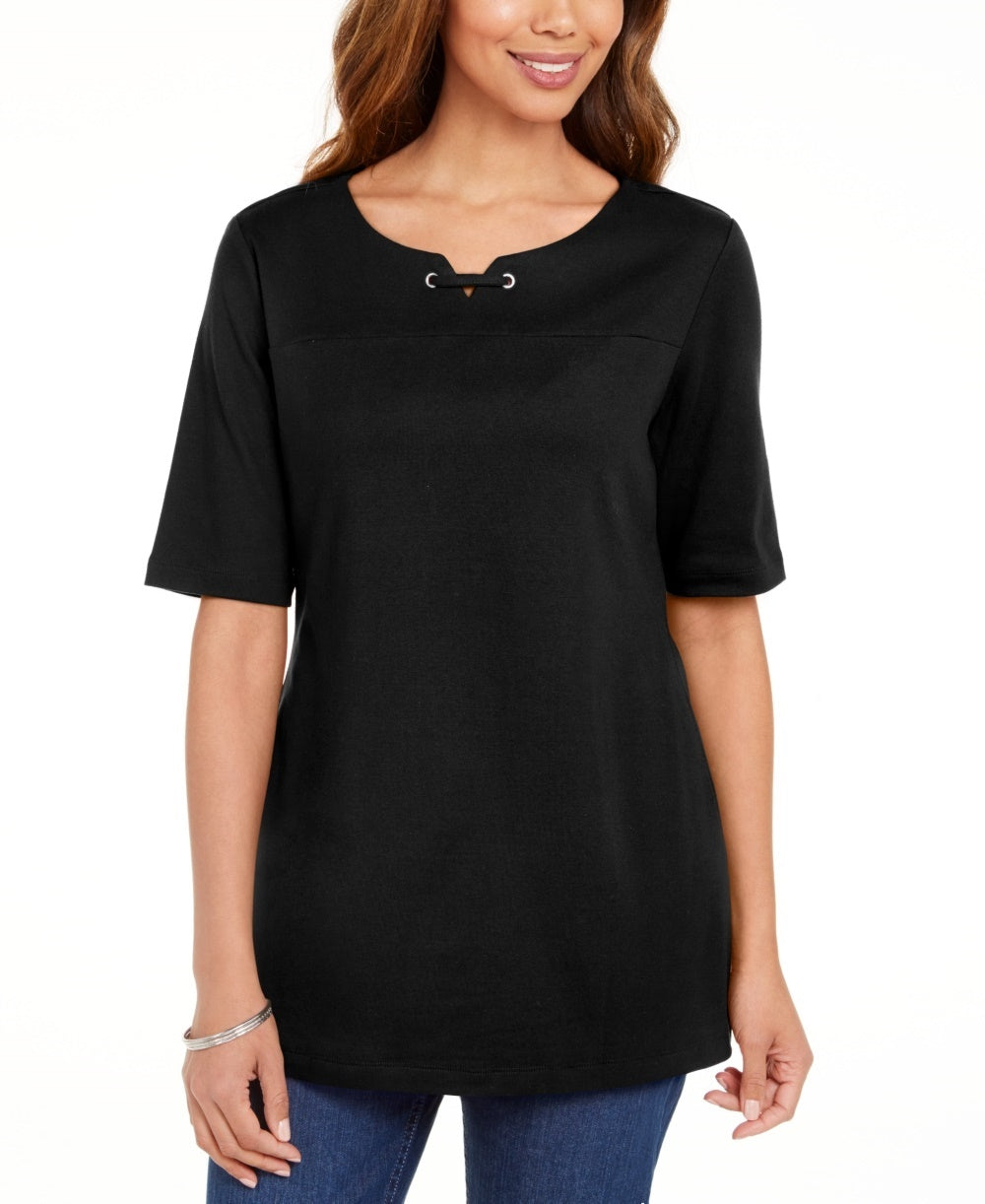 Karen Scott Blusa Feminina de Algodão com Decote Redondo e Manga Cotovelo, Preta, Tamanho P
