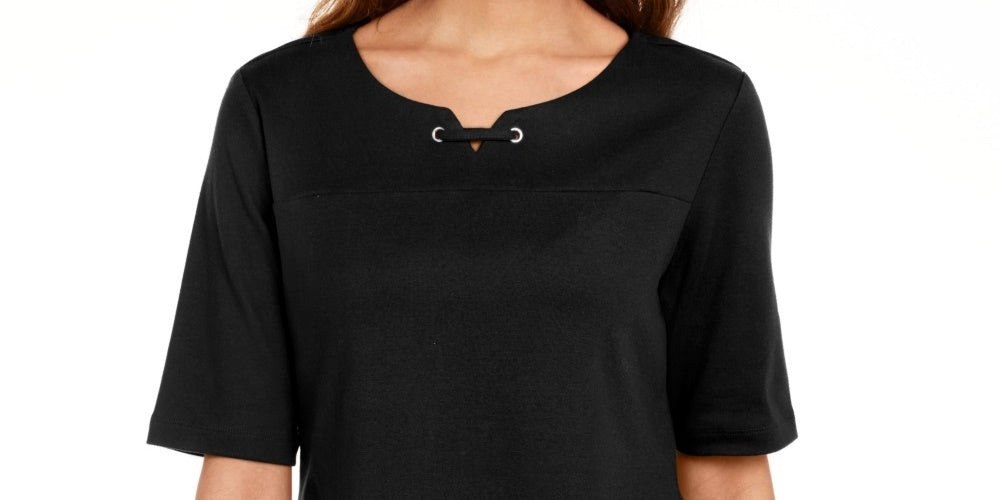 Karen Scott Blusa Feminina de Algodão com Decote Redondo e Manga Cotovelo, Preta, Tamanho P