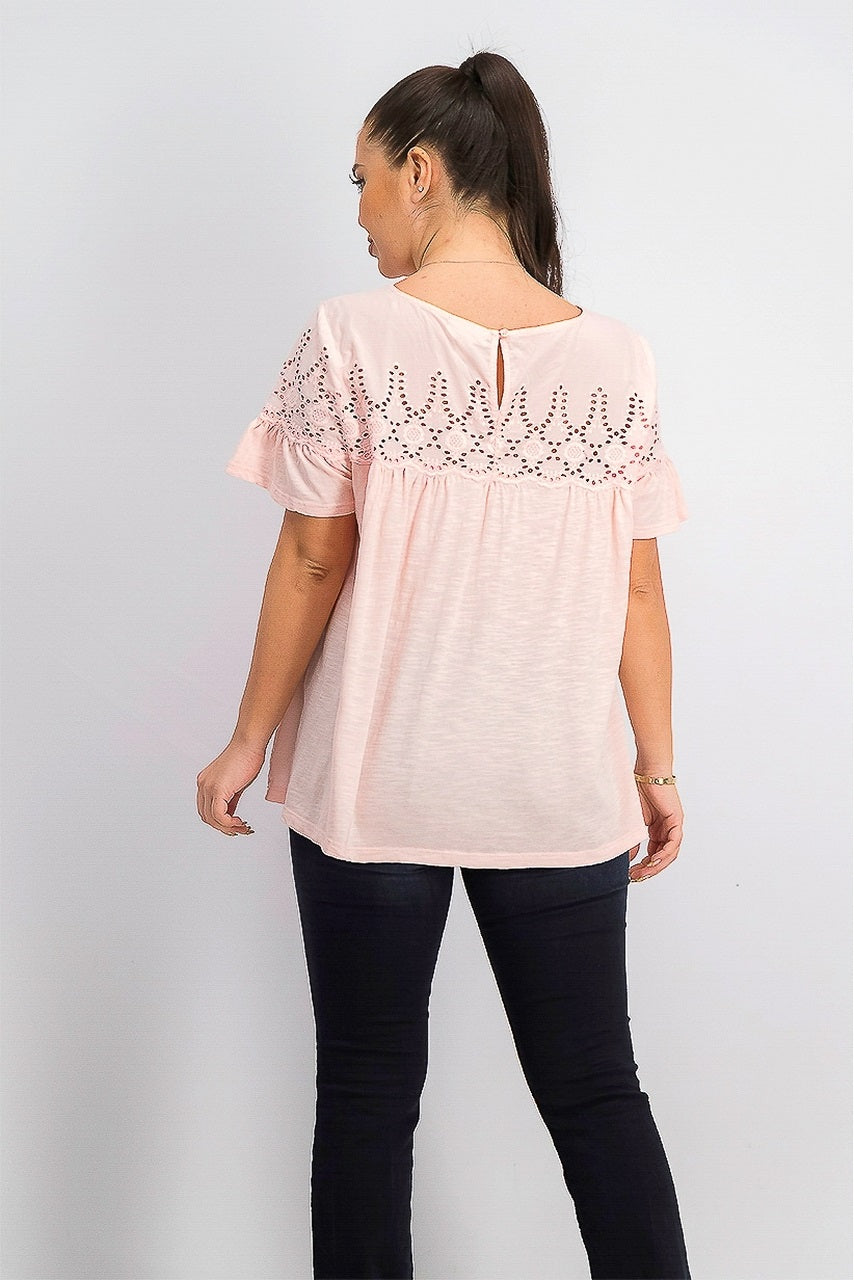 Top de algodão com ilhós e jugo feminino Style &amp; Co, rosa, tamanho pequeno