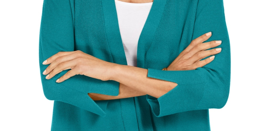 Cardigan feminino JM Collection com mangas divididas e nervuras mistas, azul, tamanho X-S