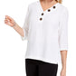 JM Collection Blusa feminina com decote franzido e botões, branca, tamanho pequeno