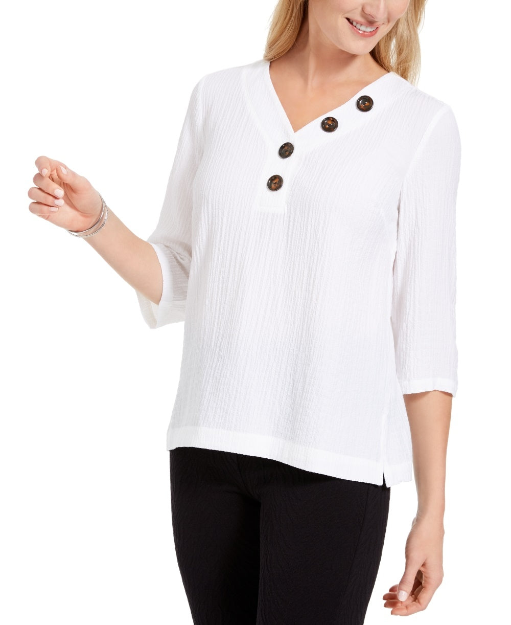 JM Collection Blusa feminina com decote franzido e botões, branca, tamanho pequeno