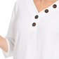 JM Collection Blusa feminina com decote franzido e botões, branca, tamanho pequeno