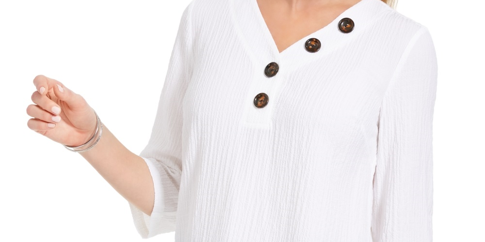 JM Collection Blusa feminina com decote franzido e botões, branca, tamanho pequeno