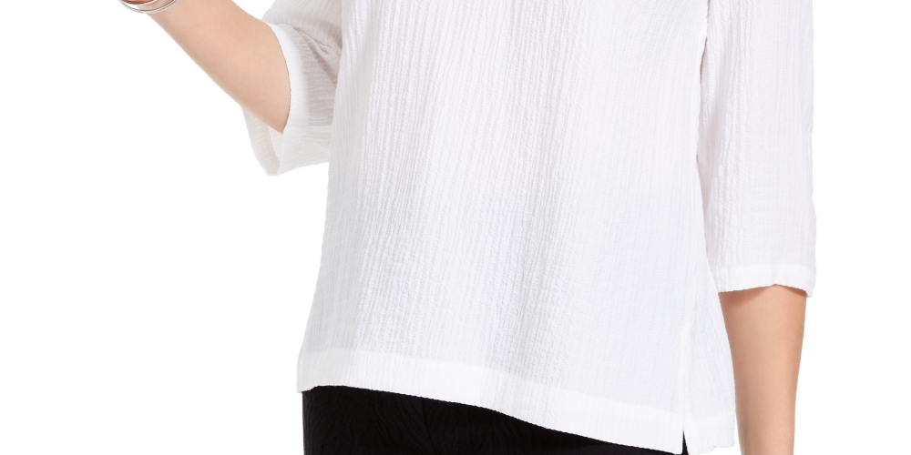 JM Collection Blusa feminina com decote franzido e botões, branca, tamanho pequeno