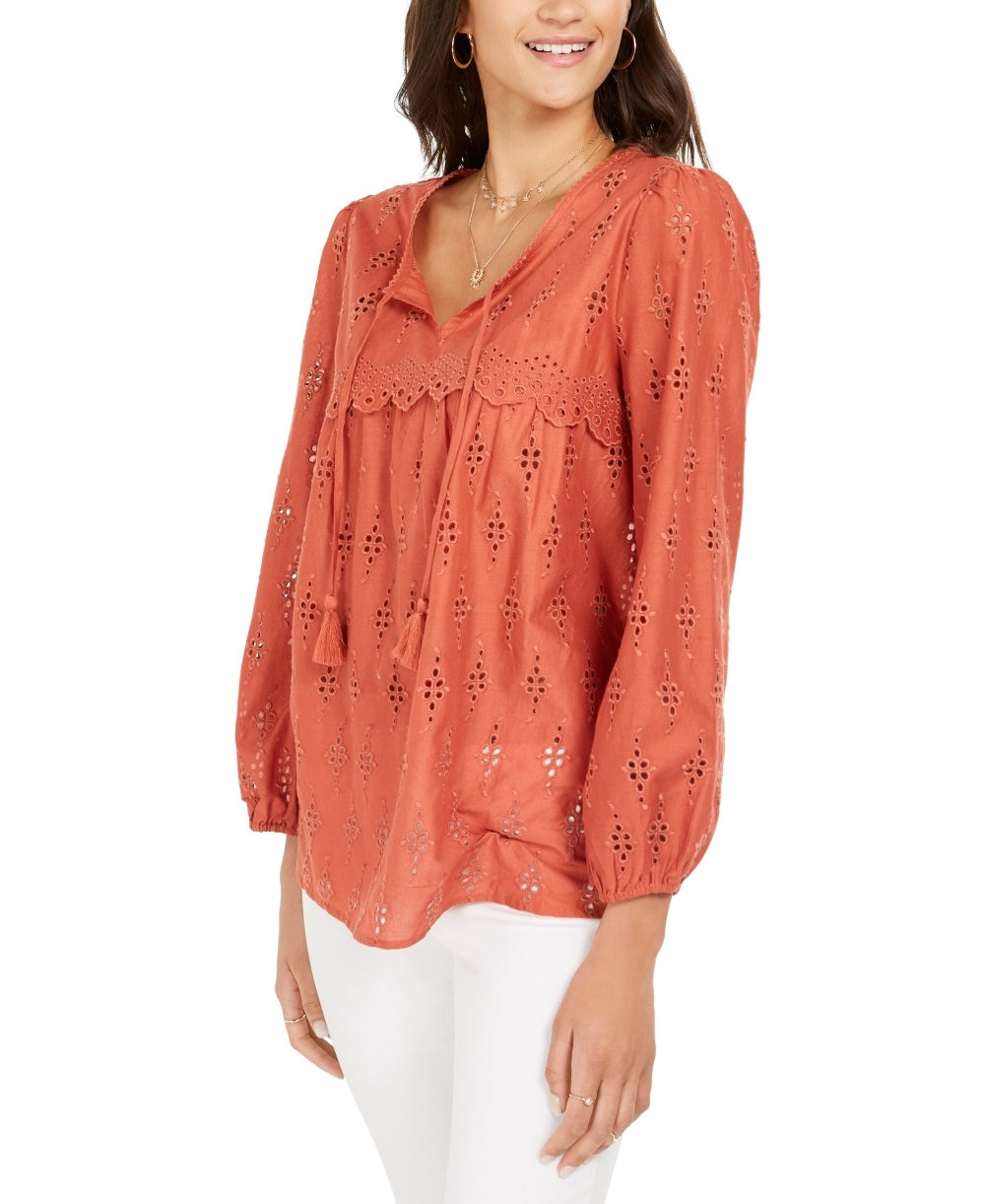 Blusa feminina com ilhós e borlas, estilo &amp; co, marrom, tamanho extrapequeno