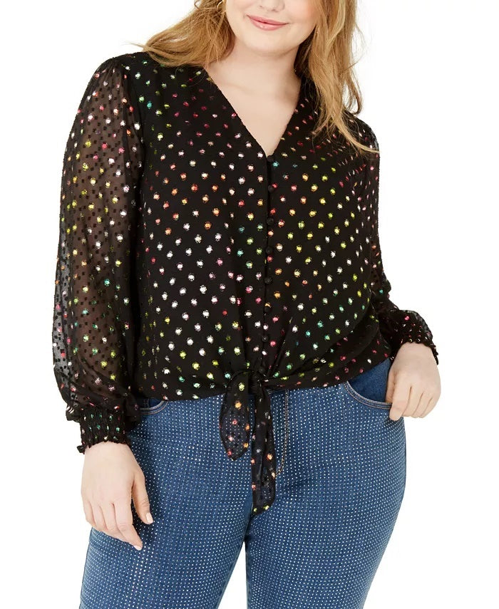 Blusa feminina com amarração frontal e bolinhas da INC International Concepts, preta, tamanho 4X