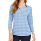 Camisa polo feminina Charter Club com estampa de manga 3/4, azul, tamanho pequeno
