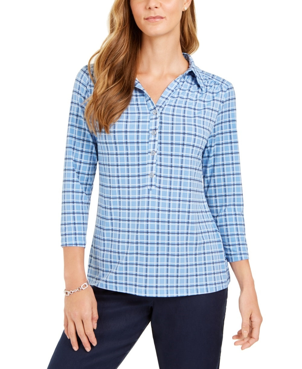 Camisa polo feminina Charter Club com estampa de manga 3/4, azul, tamanho pequeno