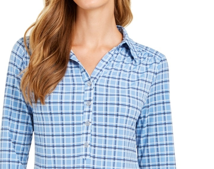 Camisa polo feminina Charter Club com estampa de manga 3/4, azul, tamanho pequeno