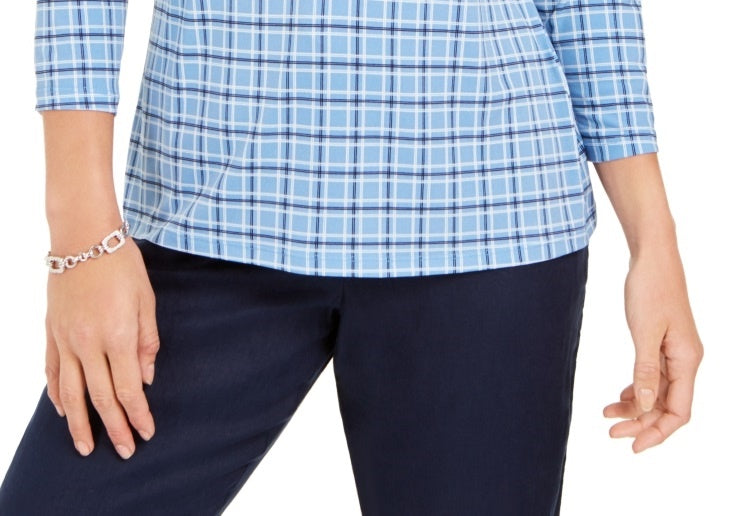 Camisa polo feminina Charter Club com estampa de manga 3/4, azul, tamanho pequeno