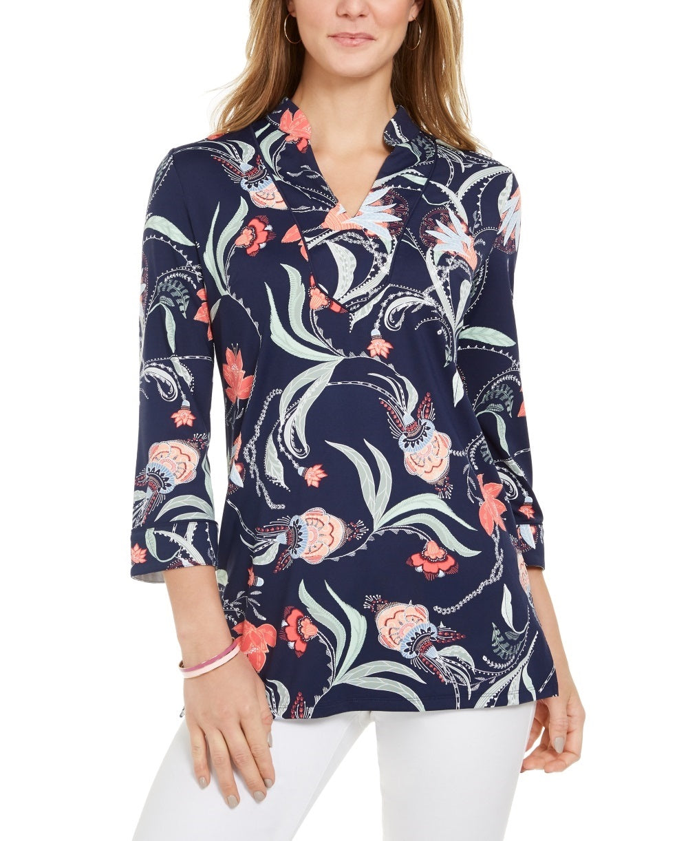 Túnica feminina de malha com manga 3/4 e estampa paisley, azul, tamanho XX-G