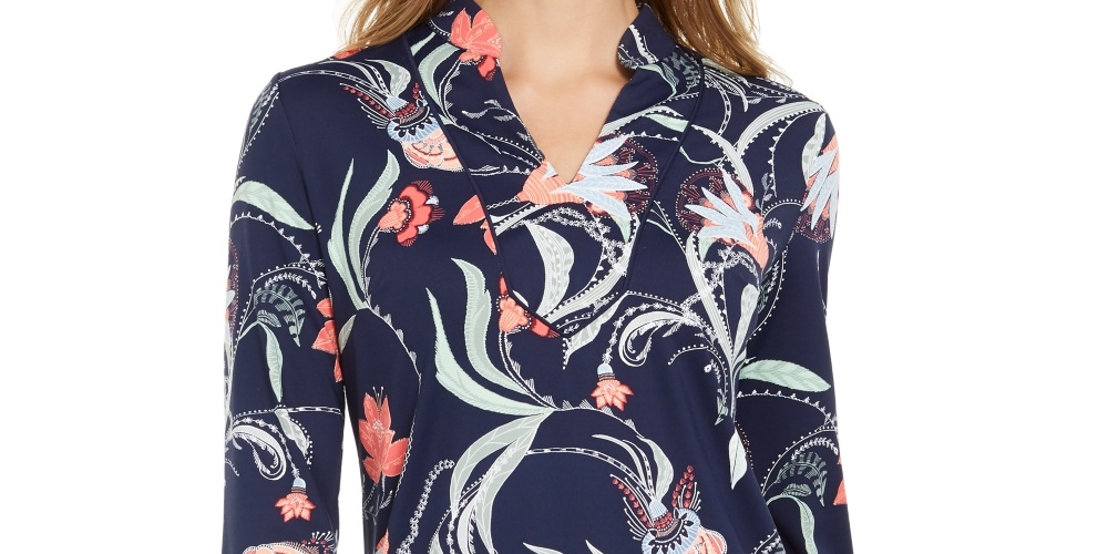 Túnica feminina de malha com manga 3/4 e estampa paisley, azul, tamanho XX-G