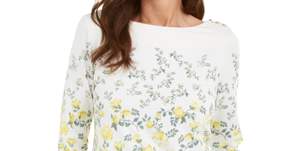 Charter Club Blusa feminina com estampa floral e gola canoa, branca, tamanho X-S