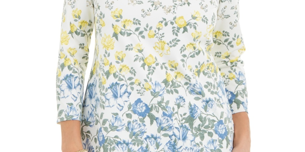 Charter Club Blusa feminina com estampa floral e gola canoa, branca, tamanho X-S