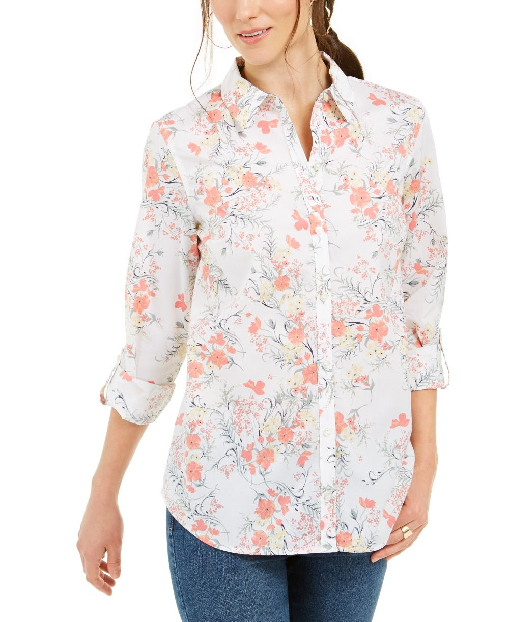 Camisa feminina de algodão com estampa floral Charter Club, branca, tamanho pequeno
