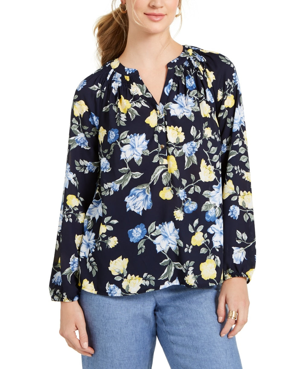 Blusa feminina com estampa floral em georgette, azul, tamanho grande, Charter Club