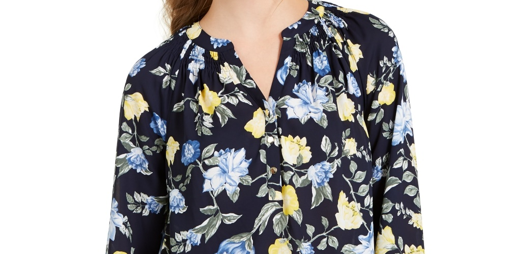 Blusa feminina com estampa floral em georgette, azul, tamanho grande, Charter Club