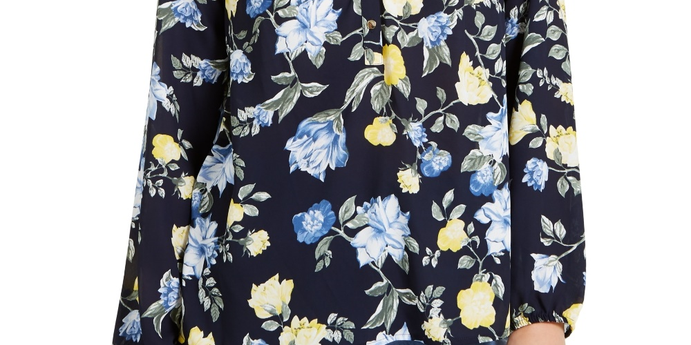 Blusa feminina com estampa floral em georgette, azul, tamanho grande, Charter Club