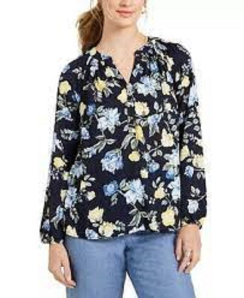 Blusa feminina com estampa floral em georgette, azul, tamanho pequeno, Charter Club