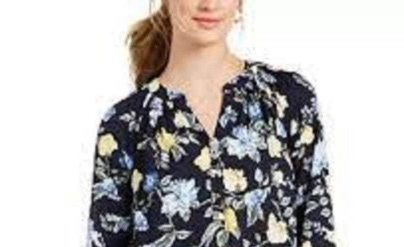 Blusa feminina com estampa floral em georgette, azul, tamanho pequeno, Charter Club