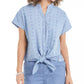 Camisa feminina Charter Club de algodão bordada com amarração frontal, azul, tamanho médio